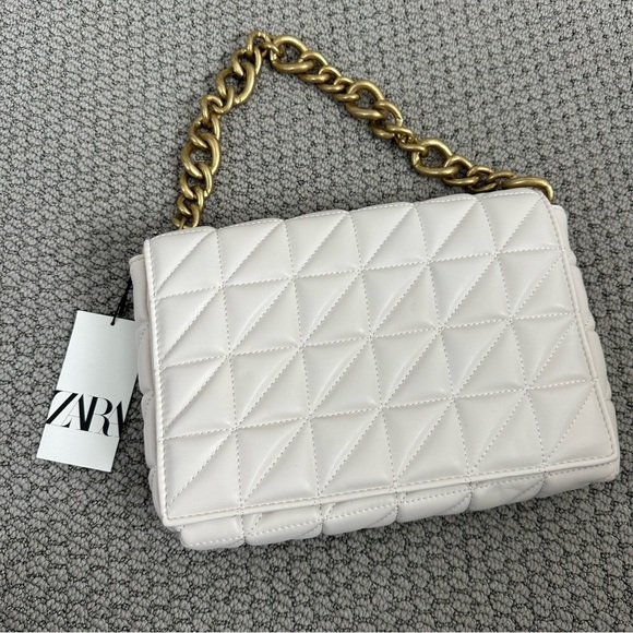 Cream Faux Leather Shoulder Bag Envelope Purse Zara Light Tan Bronze Gold Chain - Picture 1 of 3